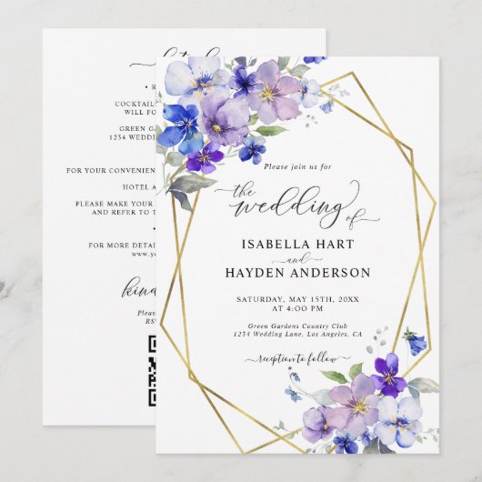 Invitation Blue Purple Gold Floral Tout en 1 QR Code Mariage (Devant / Derrière)