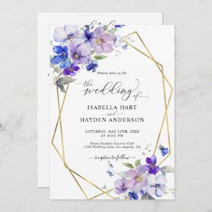 Invitation Blue Purple Gold Floral Tout en 1 QR Code Mariage