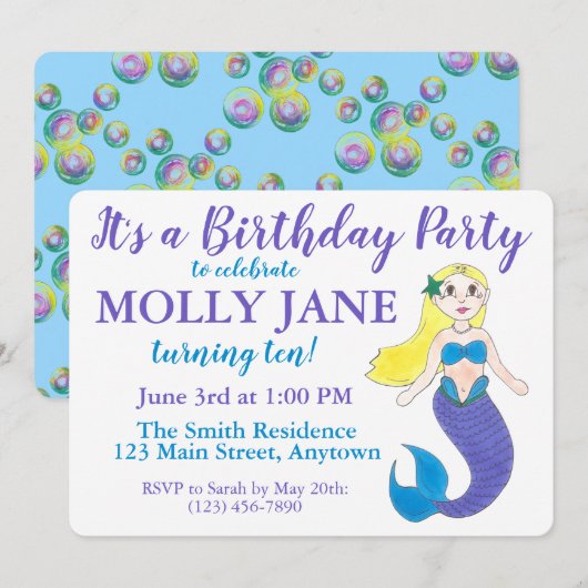 Invitation Blue Purple Ocean Mermaid Bubbles Anniversaire (Devant / Derrière)