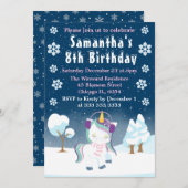 Invitation Blue Purple & White Winter Unicorne fête d'anniver (Devant / Derrière)