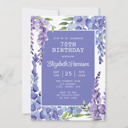 Invitation Blue Purple Wisteria Floral 70e anniversaire (Devant)