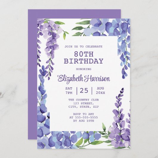 Invitation Blue Purple Wisteria Floral 80e anniversaire (Devant / Derrière)