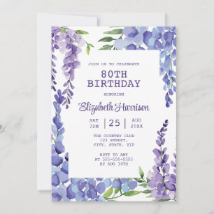 Invitation Blue Purple Wisteria Floral 80e anniversaire