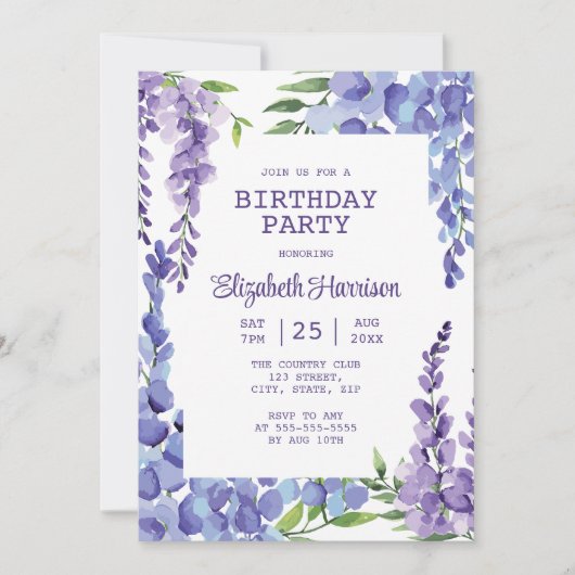 Invitation Blue Purple Wisteria Floral Anniversaire (Devant)