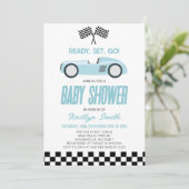 Invitation Blue Race Car À damiers Race Drapeau Baby shower (Debout devant)