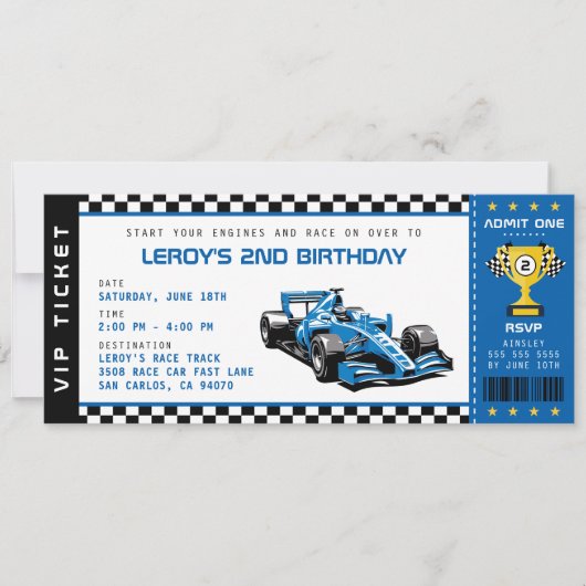 Invitation Blue Race Car Billet Pass Garçon fête d'anniversai (Devant)