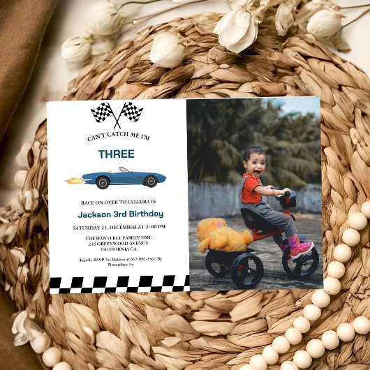 Invitation Blue Race Car Boy 3e fête d'anniversaire