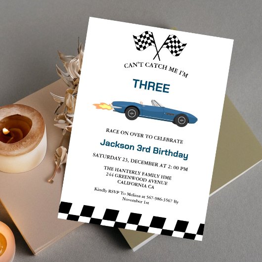 Invitation Blue Race Car Boy 3e fête d'anniversaire