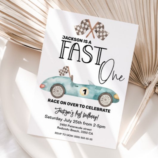 Invitation Blue Race car FAST ONE 1st birthday
