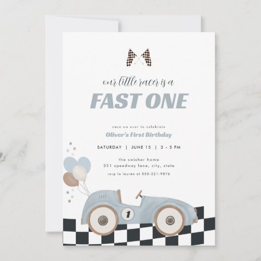 Invitation Blue Race Car Fast One First Birthday Invite  (Devant)
