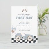 Invitation Blue Race Car Fast One First Birthday Invite  (Debout devant)