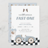 Invitation Blue Race Car Fast One First Birthday Invite  (Devant / Derrière)