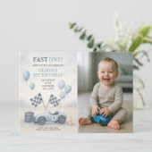 Invitation Blue Race Car First Birthday Photo (Debout devant)
