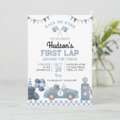 Invitation Blue Race Car First Lap Around The Track Birthday (Debout devant)