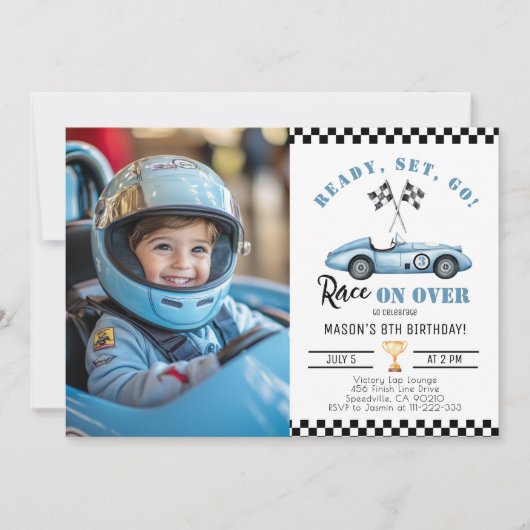 Invitation Blue Race Car N'importe quel âge Garçon Photo Anni (Devant)