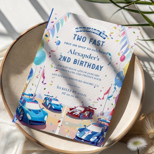 Invitation Blue Race Car Two Fast Birthday