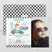 Invitation Blue Racing Car Balloon Giraffe Photo 1er annivers (Devant / Derrière)