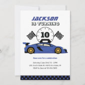 Invitation Blue Racing Car Race Enfants Garçons Anniversaire (Devant)