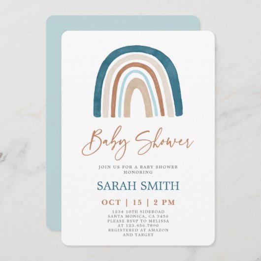 Invitation Blue Rainbow Baby shower garçon (Devant / Derrière)