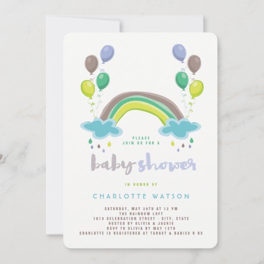 Invitation Blue Rainbow & Balloons Whimsical Boy Baby shower (Devant)