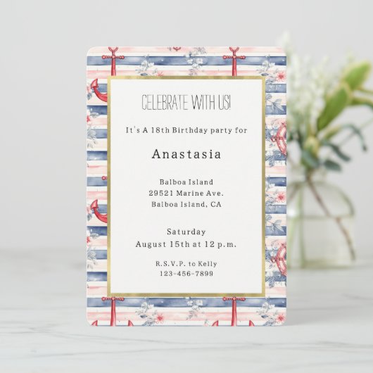 Invitation Blue Red Anchors Floral Stripes Beach Birthday (Debout devant)