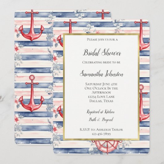 Invitation Blue Red Anchors Floral Stripes Bridal Shower (Devant / Derrière)