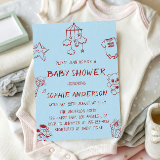 Invitation Blue & Red Cute Minimalist Doodle Baby Shower