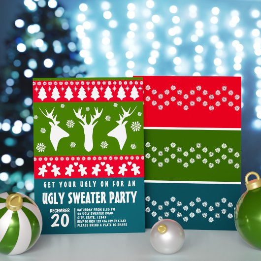 Invitation Blue Red et Green Reindeer Ugly Sweat Party