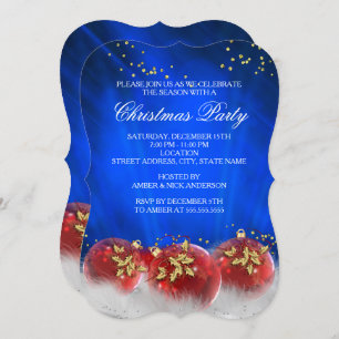 Invitation Blue Red Gold Baubles Blanc Noël