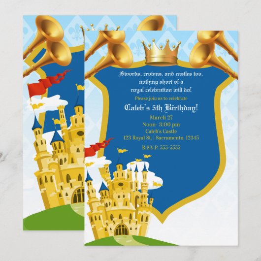 Invitation Blue Red Gold Royal Prince Castle fête d'anniversa (Devant / Derrière)