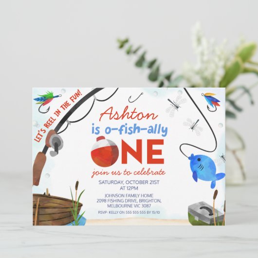 Invitation Blue Red Pêche Ofish Un 1er Anniversaire (Debout devant)