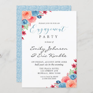 Invitation Blue Red Rose Orange Floral Engagement Party Invit