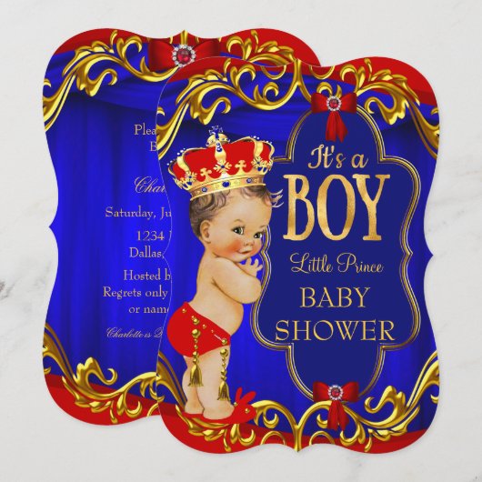 Invitation Blue Red Royal Boy Prince Baby shower (Devant / Derrière)