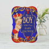 Invitation Blue Red Royal Boy Prince Baby shower (Debout devant)