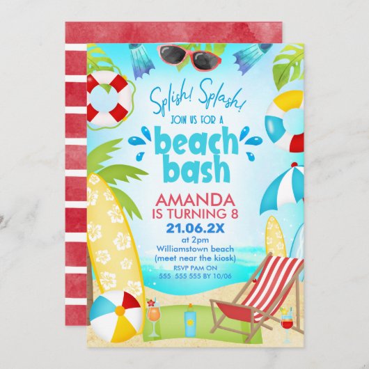 Invitation Blue Red Summer Beach Bash Anniversaire (Devant / Derrière)