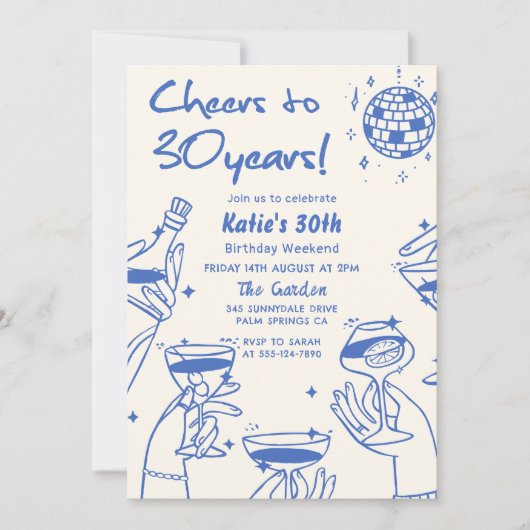 Invitation Blue Retro Main dessinée Funky 30e anniversaire (Devant)