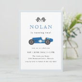Invitation Blue Retro Race Car Thème Anniversaire (Debout devant)