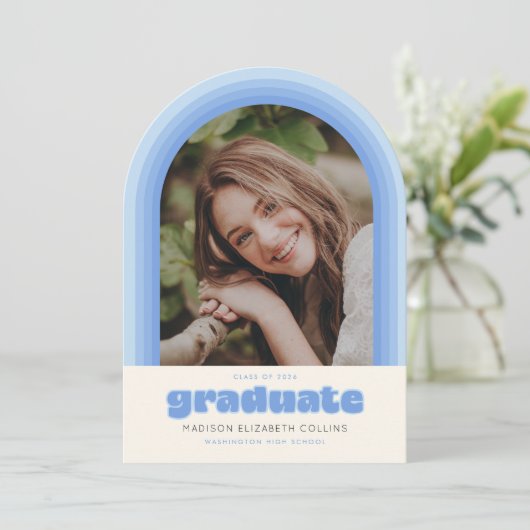 Invitation Blue Retro Striped Arch Graduation Announcement (Debout devant)