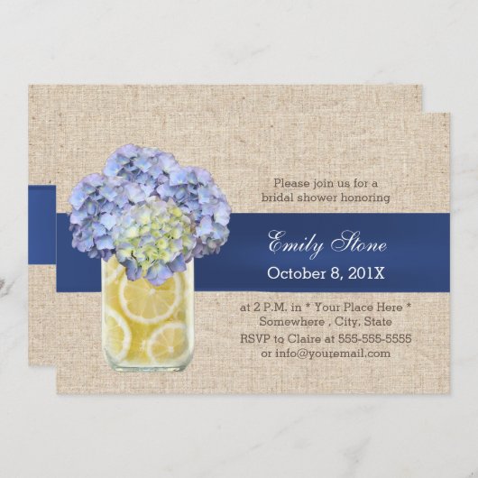 Invitation Blue Ribbon Hydrangea & Mason Jar Fête des mariées (Devant / Derrière)