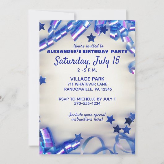 Invitation Blue Ribbon & Stars Confetti 10e anniversaire (Dos)