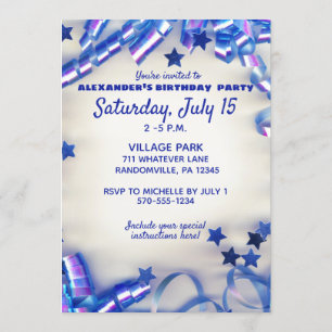 Invitation Blue Ribbon & Stars Confetti 14e anniversaire