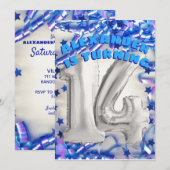 Invitation Blue Ribbon & Stars Confetti 14e fête d'anniversai (Devant / Derrière)