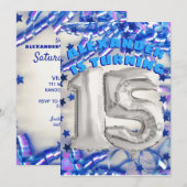Invitation Blue Ribbon & Stars Confetti 15ème anniversaire fê (Devant / Derrière)