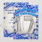 Invitation Blue Ribbon & Stars Confetti 17e anniversaire (Devant / Derrière)