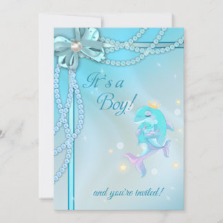 Invitation Blue Ribbons Lace Pearles Dolphin Boy Baby shower