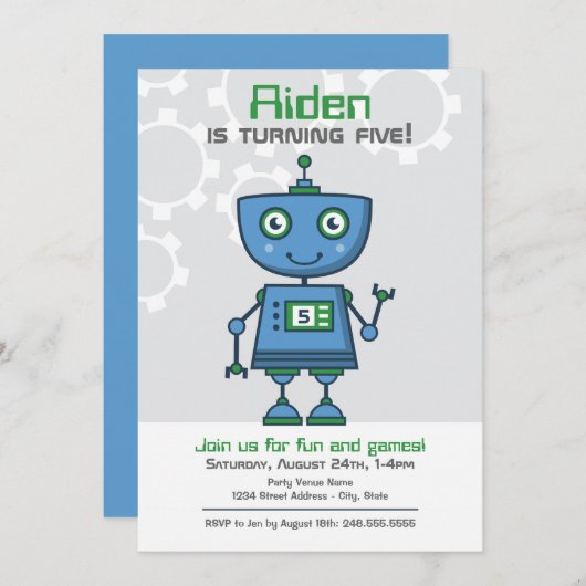 Invitation Blue Robot Boys fête d'anniversaire (Devant / Derrière)