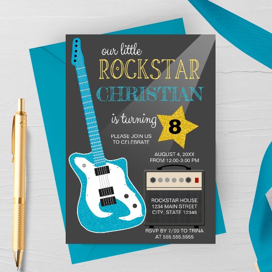 Invitation Blue Rockstar Birthday Party