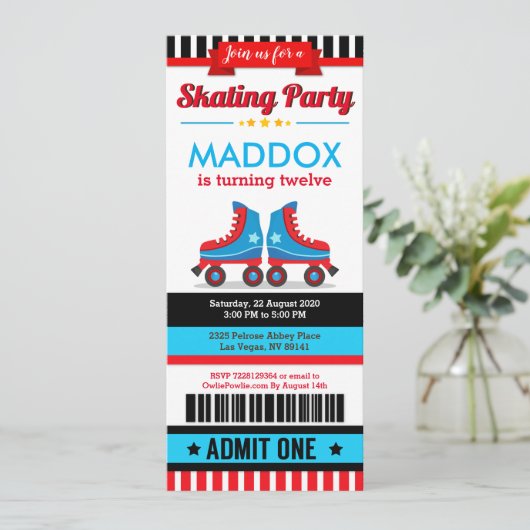 Invitation Blue Roller Patinage Sport Passe-billets Anniversa (Debout devant)