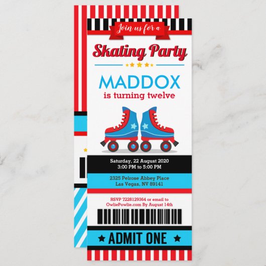Invitation Blue Roller Patinage Sport Passe-billets Anniversa (Devant / Derrière)