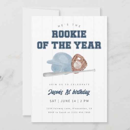 Invitation Blue Rookie of the Year Baseball First Birthday (Devant)